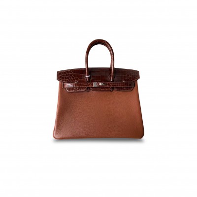 HERMÈS MASTER BIRKIN 30 CROCODILE AND CHEVRE HONEY BROWN SILVER BUCKLE H076235CK26 (30*22*16cm)